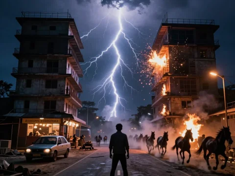 Hero Stands Amid Chaos with Lightning and Fire