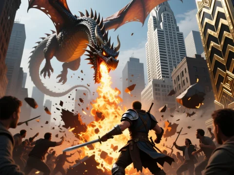 Heroic Battle Against Fire-Breathing Dragon in City