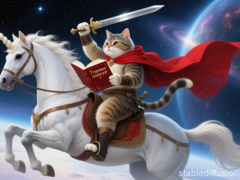 Heroic Cat Warrior Riding a Majestic Unicorn in Space