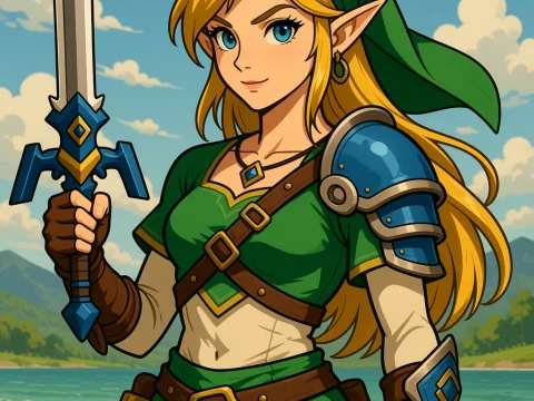 Heroic Elf Warrior with Sword by the Seashore