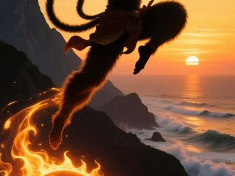 Heroic Hanuman Leaping at Sunset with Fiery Chakra