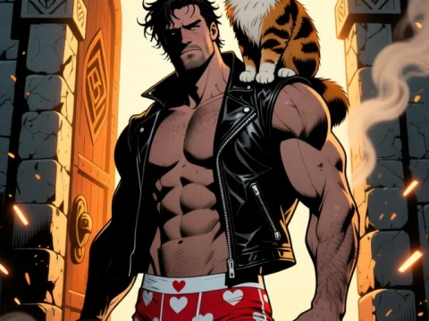 Heroic Man with Cat Wearing Crown and Sunglasses