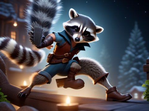 Heroic Raccoon Warrior in a Snowy Village at Night