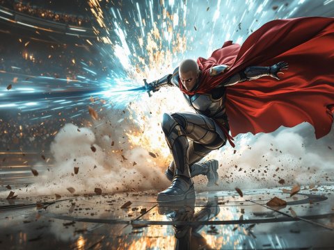 Heroic Warrior Mid-Leap with Energy Sword and Red Cape