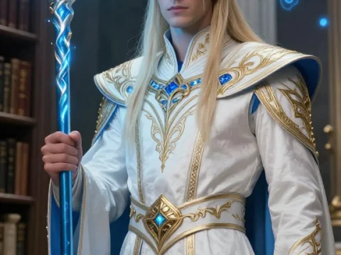 High Elf Mage in Ornate White and Gold Robes