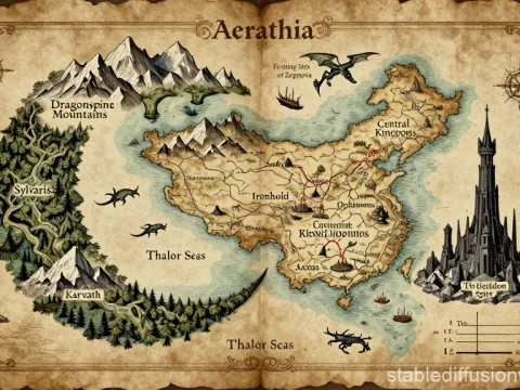 High Fantasy Map of Aerathia with Dragons and Castles
