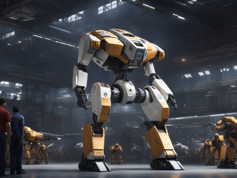 High-Tech Mech Robot in Futuristic Factory