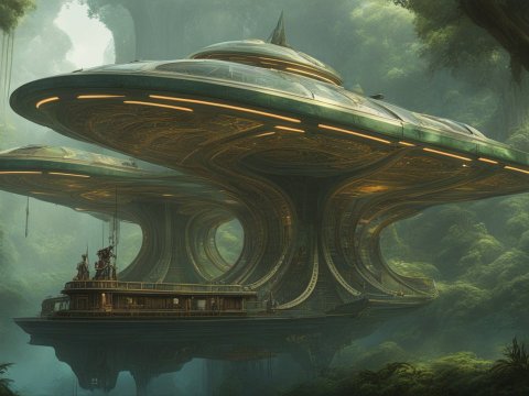 High-Tech Solarpunk Floating Structure in Lush Forest