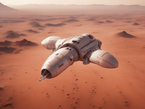 Highly Detailed Spaceship Flying Over Desert Landscape