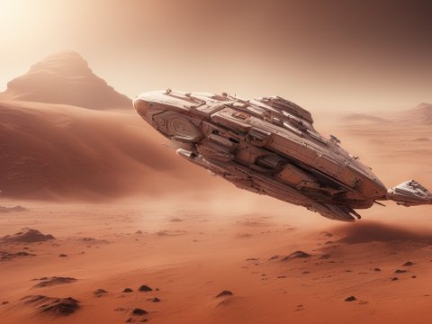 Highly Detailed Spaceship Flying Over Desert Planet