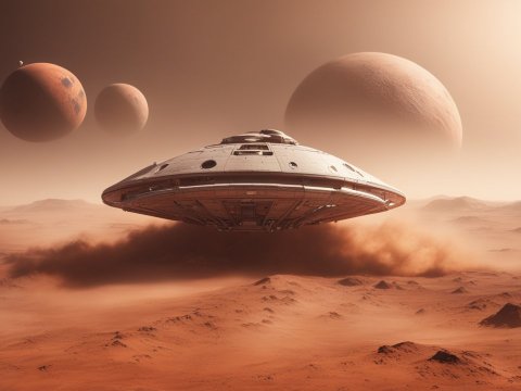 Highly Detailed Spaceship Hovering Over Alien Desert Landscape