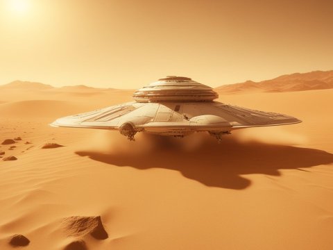 Highly Detailed Spaceship Hovering Over Desert Landscape