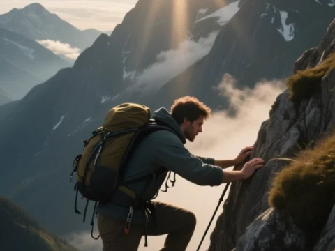 Hiker Climbing Rocky Mountain at Sunrise