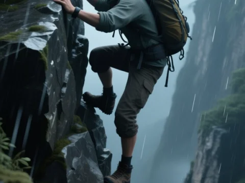 Hiker Climbing Steep Rocky Cliff in Rain
