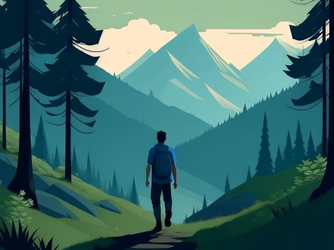 Hiker Walking Through Serene Mountain Forest