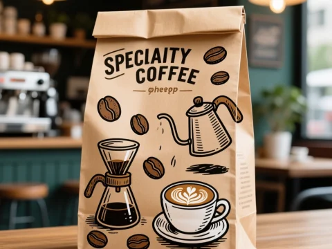 Hipster Coffee Shop Brown Paper Bag with Coffee Illustrations