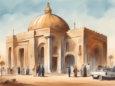 Historic Baghdad East India Building with People and Vintage Car