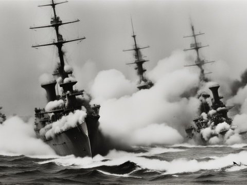 Historic Battleships Firing at Sea in Black and White