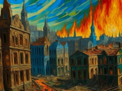 Historic City Engulfed in Flames with Dramatic Sky
