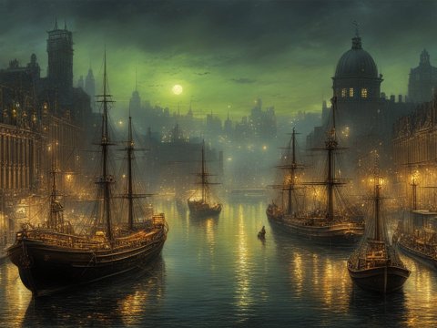 Historic City Harbor at Twilight with Sailing Ships