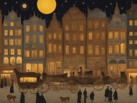 Historic City Street at Night with Horse-Drawn Carriages