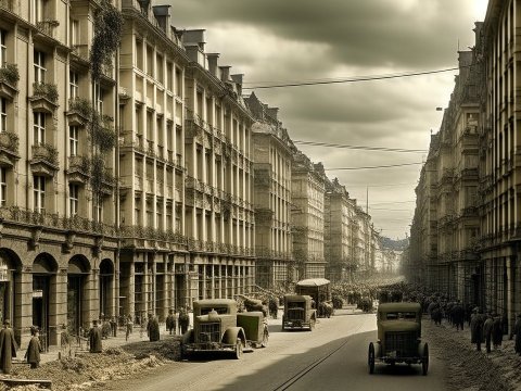 Historic City Street with Vintage Cars and Crowds