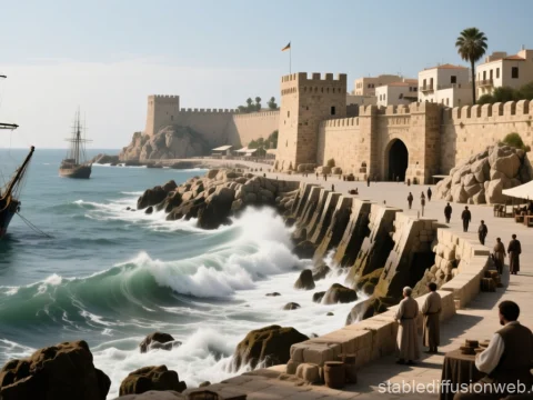 Historic Coastal Fortress with Sailing Ships and Waves