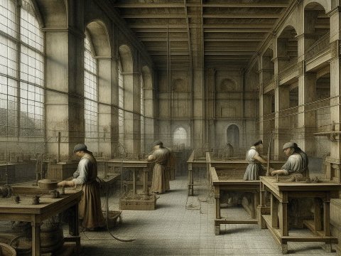 Historic Factory Interior with Workers at Stations