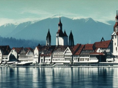 Historic Lakeside Town with Mountain Backdrop