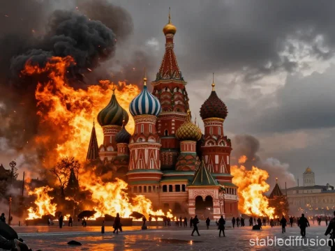 Historic Moscow Burning with St. Basil's Cathedral in Flames