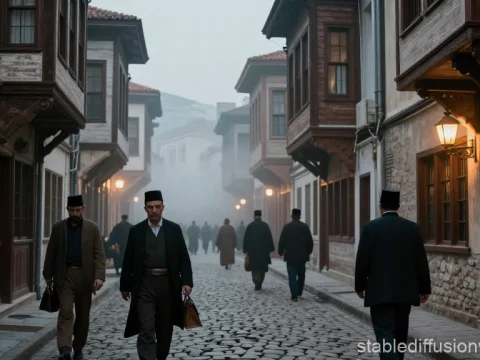 Historic Ottoman Cobblestone Street with Traditional Attire