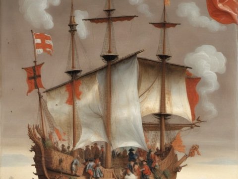 Historic Sailing Ship with Crew and Flags