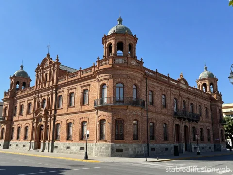 Historic Spanish Brick Building Under Clear Blue Sky