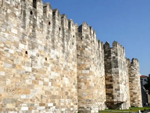 Historic Stone Walls of Constantinople Under Clear Blue Sky