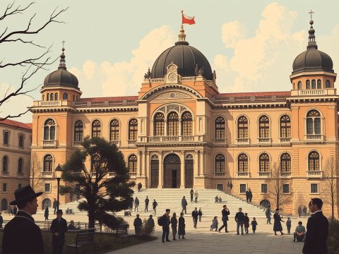 Historic University Building with People in Istanbul