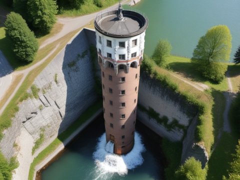 Historic Water Tower with Flowing Water in Scenic Landscape