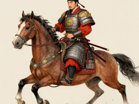 Historical Asian Warrior on Horseback in Traditional Armor