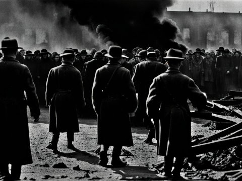 Historical Black and White Scene of Crowd and Smoke