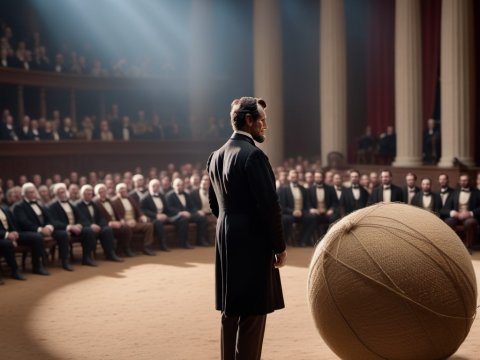 Historical Figure Addressing Crowd with Giant Yarn Ball