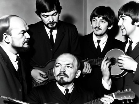 Historical Figures Playing Acoustic Guitars in Black and White