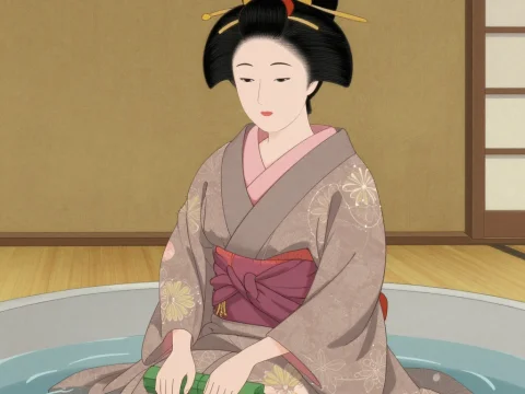 Historical Japanese Woman in Kimono Bathing