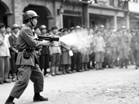 Historical Scene of Soldier Using Flamethrower in Crowd