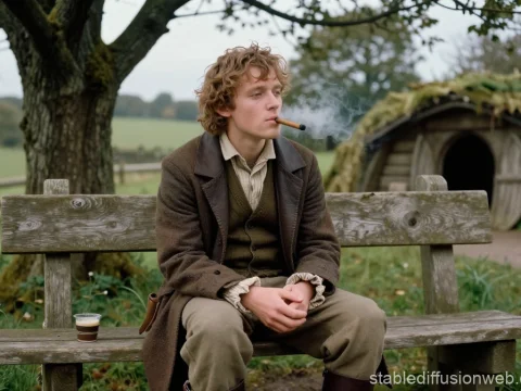 Hobbit Smoking Pipe on Wooden Bench in Countryside