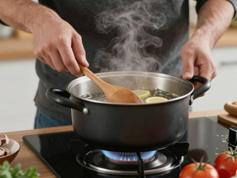 Homemade Cooking with Boiling Pot and Fresh Ingredients