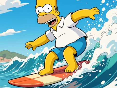 Homer Simpson Surfing on a Wave