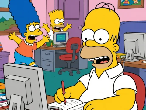 Homer Studying While Bart and Marge React in Office