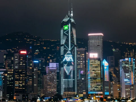Hong Kong Night Skyline with Illuminated Skyscrapers