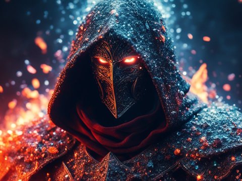 Hooded Marble Knight with Glowing Eyes in Fiery Atmosphere