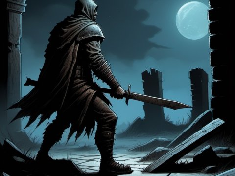 Hooded Warrior in Moonlit Ruins