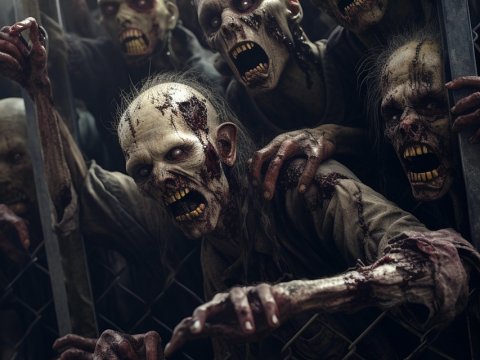Horde of Terrifying Zombies Behind Fence